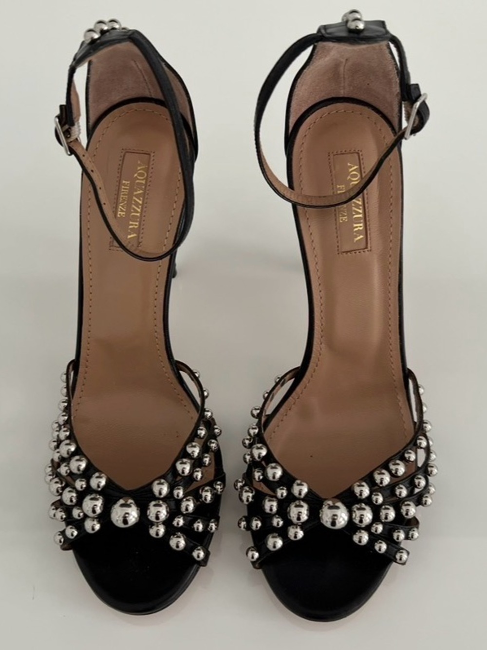 AQUAZZURA BLACK LEATHER SILVER STUDDED SANDALS SIZE IT 38 / US 8 - Picture 1 of 17